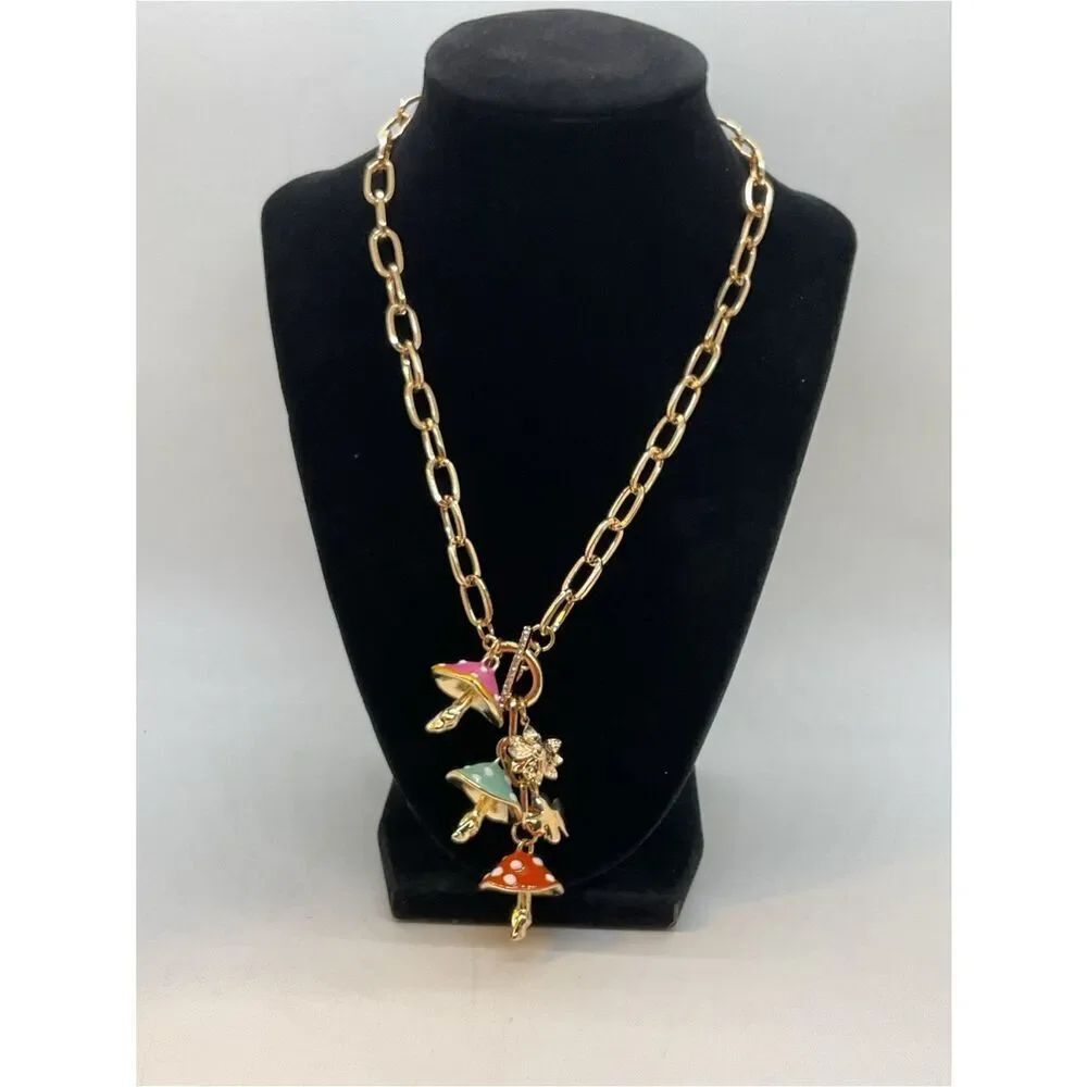 Bella Jack? Gold Tone Chain Necklace with Multicolor Enamel Mushroom Charms